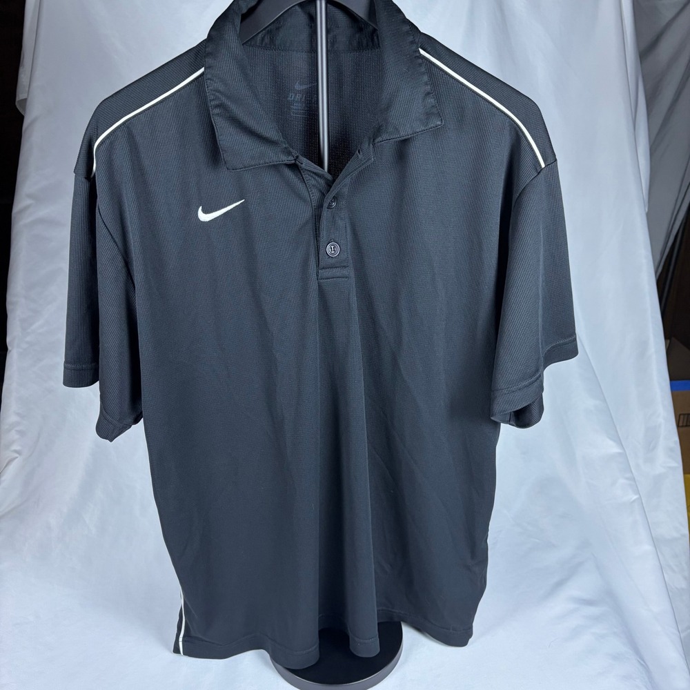 Nike Dri-FIT Mens Polo Shirt Large Black White Piping Short Sleeve Golf Top